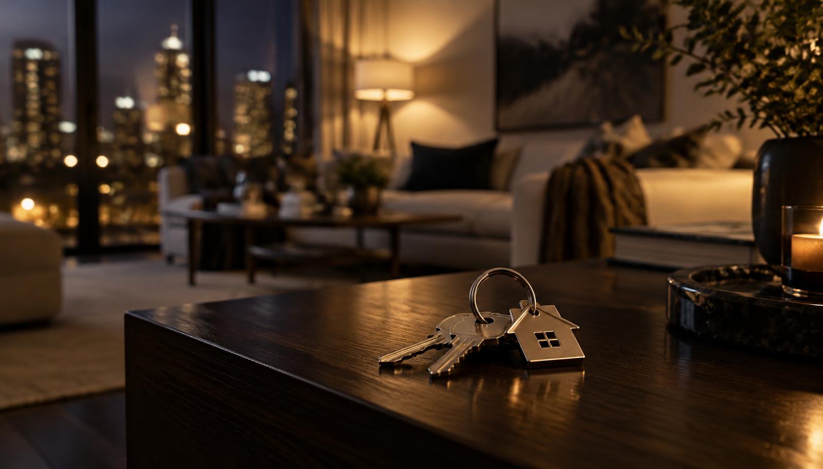 House keys on a table in a warmly lit living room